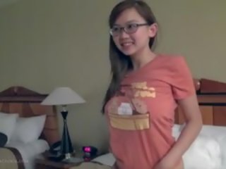 Charming Busty Asian sweetheart Fngers In Glasses