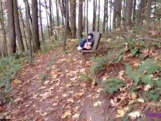 Little kitty gets caught in the forest and sucks a dick to keep her secret&excl;